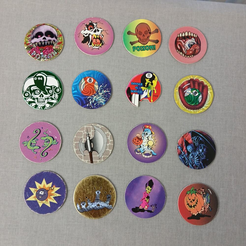 Set of 16 POGS + plastic TKG slammer VTG 90s skulls Poison 8 Ball halloween